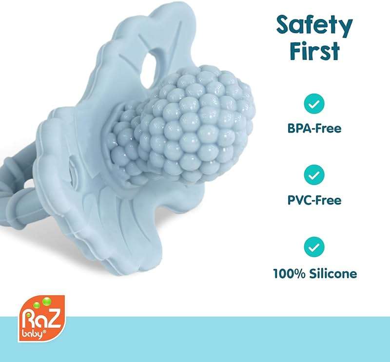 RaZbaby RaZberry Silicone Teether Pacifier – Teething Relief for Infants, Food-Grade, BPA-Free, Hands-Free, Natural Berrybumps Fruit Texture for Sensory Development, Freezable, 2-Pack - Green & White - Image 4