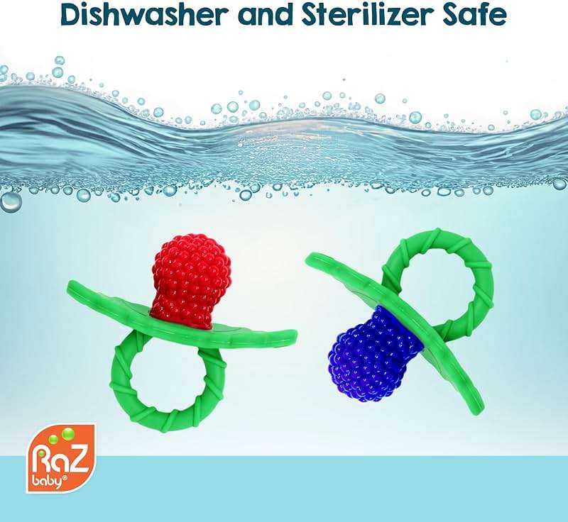 RaZbaby RaZberry Silicone Teether Pacifier – Teething Relief for Infants, Food-Grade, BPA-Free, Hands-Free, Natural Berrybumps Fruit Texture for Sensory Development, Freezable, 2-Pack - Green & White - Image 5