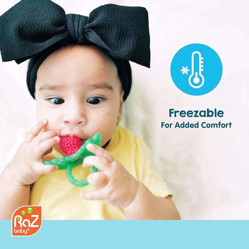 RaZbaby RaZberry Silicone Teether Pacifier – Teething Relief for Infants, Food-Grade, BPA-Free, Hands-Free, Natural Berrybumps Fruit Texture for Sensory Development, Freezable, 2-Pack - Green & White - Image 7