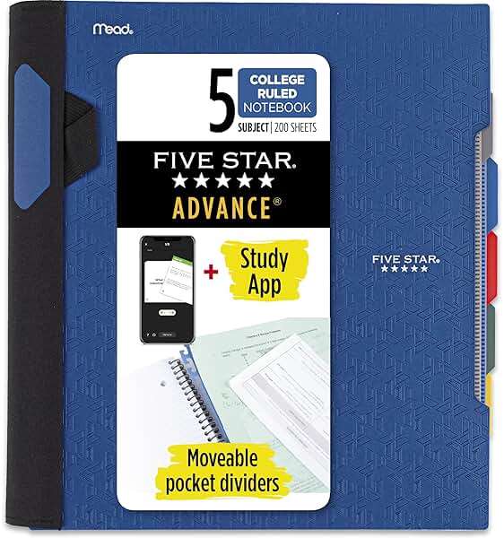 Five Star Advance Spiral Notebook + Study App, 5 Subject, College Ruled Paper, 8-1/2" x 11", 200 Sheets, Spiral Guard, Movable Tabbed Dividers, Pacific Blue (73150) - Image 1