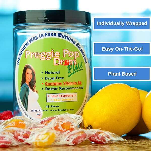 Three Lollies Preggie Drops Plus - 48 Lozenges - Ease Morning Sickness During Pregnancy, Natural, Sour Lozenges for Nausea With Vitamin B6, Sour Lemon & Raspberry Flavors - Image 2