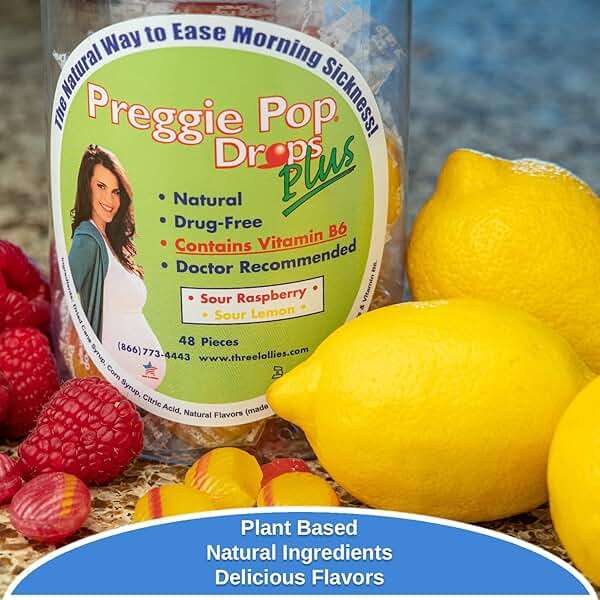 Three Lollies Preggie Drops Plus - 48 Lozenges - Ease Morning Sickness During Pregnancy, Natural, Sour Lozenges for Nausea With Vitamin B6, Sour Lemon & Raspberry Flavors - Image 4