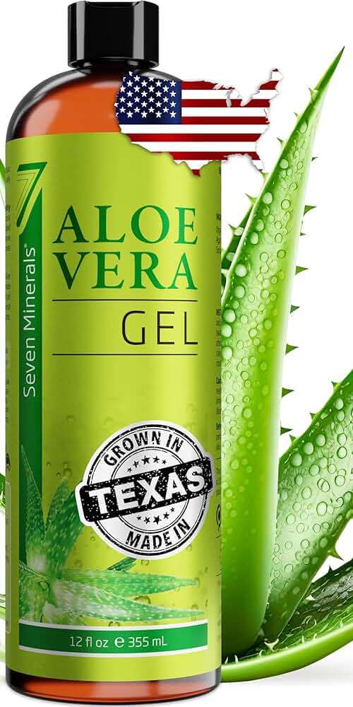 Seven Minerals Aloe Vera Gel with Freshly Cut Pure Organic Aloe - Big 12oz - Texas Grown, HighestQuality, Vegan, Unscented, Non-Sticky - After Sun, Sunburn Relief, Skin & Face Moisturizer, Hair Mask - Image 1