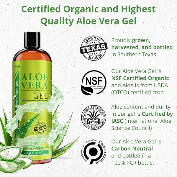 Seven Minerals Aloe Vera Gel with Freshly Cut Pure Organic Aloe - Big 12oz - Texas Grown, HighestQuality, Vegan, Unscented, Non-Sticky - After Sun, Sunburn Relief, Skin & Face Moisturizer, Hair Mask - Image 2