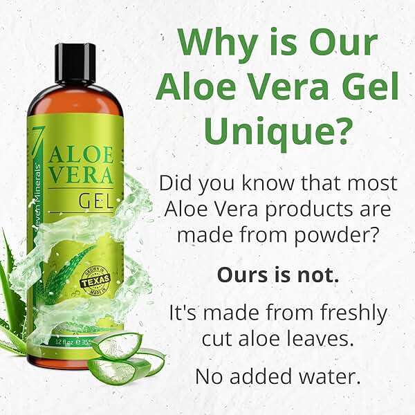 Seven Minerals Aloe Vera Gel with Freshly Cut Pure Organic Aloe - Big 12oz - Texas Grown, HighestQuality, Vegan, Unscented, Non-Sticky - After Sun, Sunburn Relief, Skin & Face Moisturizer, Hair Mask - Image 4