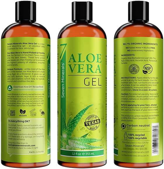 Seven Minerals Aloe Vera Gel with Freshly Cut Pure Organic Aloe - Big 12oz - Texas Grown, HighestQuality, Vegan, Unscented, Non-Sticky - After Sun, Sunburn Relief, Skin & Face Moisturizer, Hair Mask - Image 6