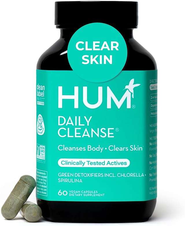 HUM Daily Cleanse Acne Supplements for Women & Men, Gentle Digestive Cleanse for Clear Skin Support, Zinc, Spirulina, Chlorella, Detoxifying Herbs, Organic Algae, Skin Vitamins Supplement, 60 Capsules - Image 1