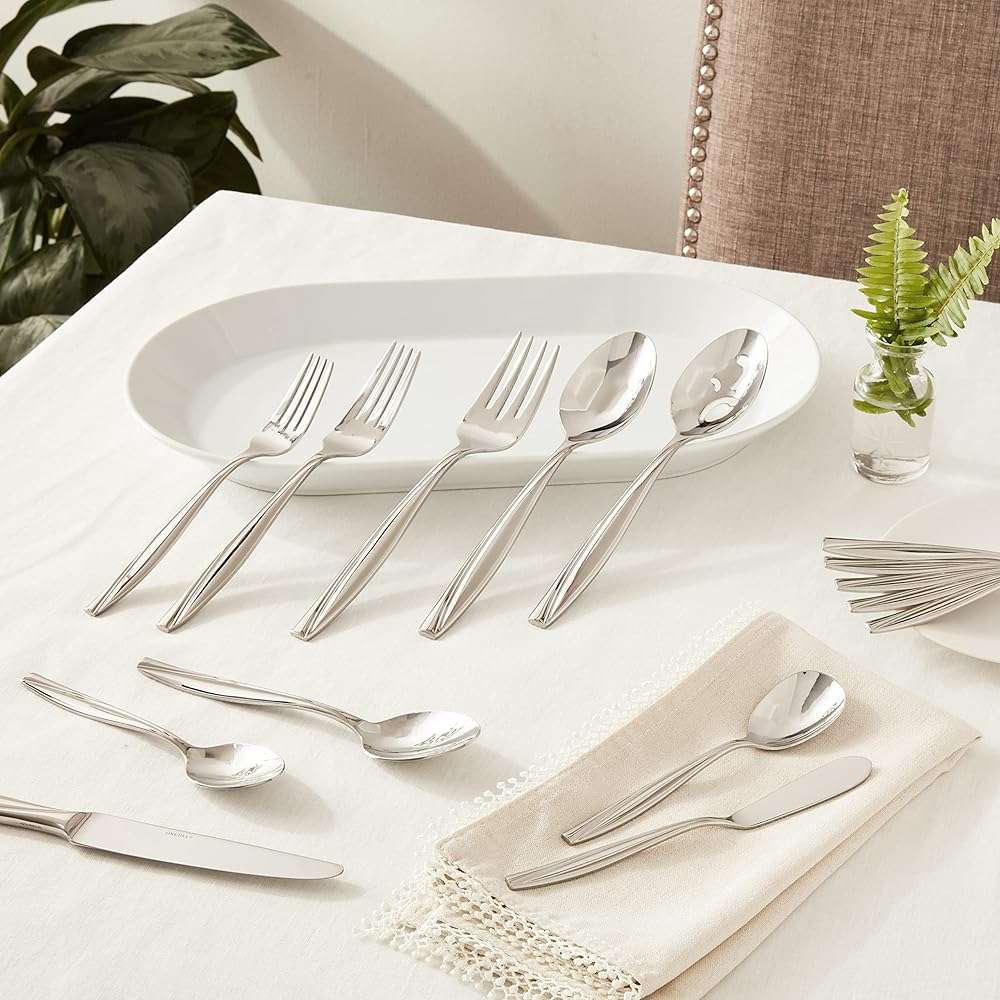 Oneida Silverware Set For 8, Camlynn Mirror 45-Piece Everyday Flatware Set with Serving Utensils, Service For 8, 18/0 Stainless Steel, Dishwasher Safe, Knives Spoons And Forks Sets (Silver, 45 Pieces) - Image 2