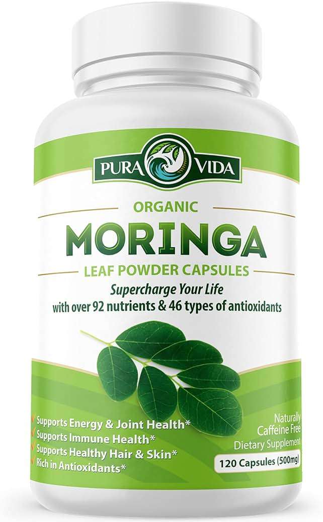 PURA VIDA MORINGA Organic Moringa Capsules, Pure Moringa Leaf Powder Single Origin for Energy, Metabolism & Immune Support, 120ct, 500mg Caps - Image 1