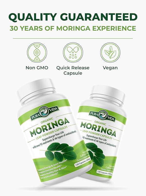 PURA VIDA MORINGA Organic Moringa Capsules, Pure Moringa Leaf Powder Single Origin for Energy, Metabolism & Immune Support, 120ct, 500mg Caps - Image 4