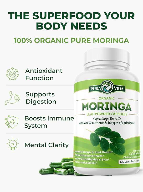 PURA VIDA MORINGA Organic Moringa Capsules, Pure Moringa Leaf Powder Single Origin for Energy, Metabolism & Immune Support, 120ct, 500mg Caps - Image 5