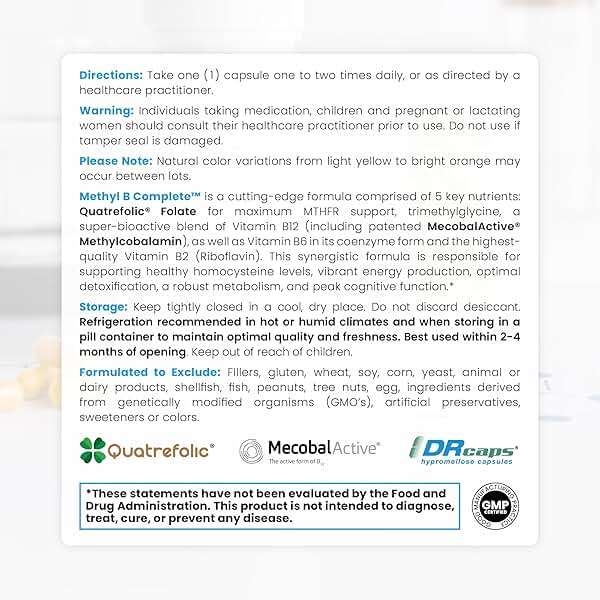 Methylated B Complex Vitamins, Made in USA, 4 Month Supply, Methyl B Complete Quatrefolic 5-MTHF Folate, B12 Methylcobalamin, TMG Trimethylglycine, Methylfolate, Pharm Grade, 120 Count - Image 3