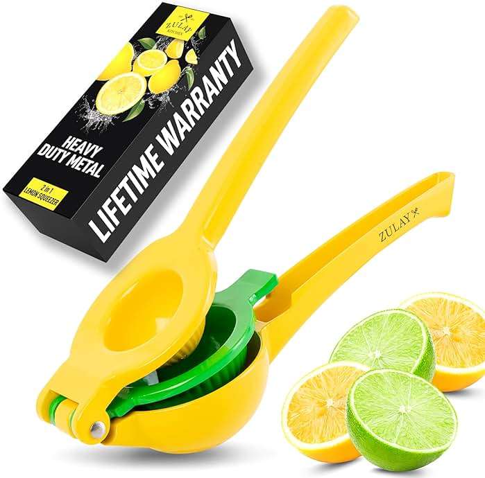 Zulay Kitchen Metal 2-in-1 Lemon Squeezer - Sturdy Max Extraction Hand Juicer Lemon Squeezer Gets Every Last Drop - Easy to Clean Manual Citrus Juicer - Easy-Use Lemon Juicer Squeezer - Yellow/Green - Image 1