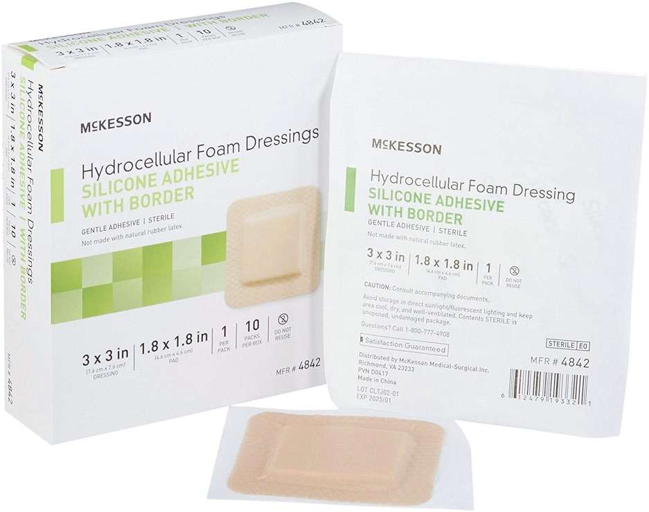 McKesson Hydrocellular Foam Dressings, Sterile, Silicone Adhesive with Border, Dimension 3 in x 3 in, Pad 1 4/5 in x 1 4/5 in, 10 Count, 1 Pack - Image 1