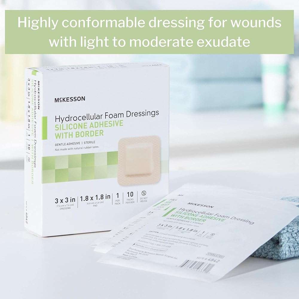 McKesson Hydrocellular Foam Dressings, Sterile, Silicone Adhesive with Border, Dimension 3 in x 3 in, Pad 1 4/5 in x 1 4/5 in, 10 Count, 1 Pack - Image 2