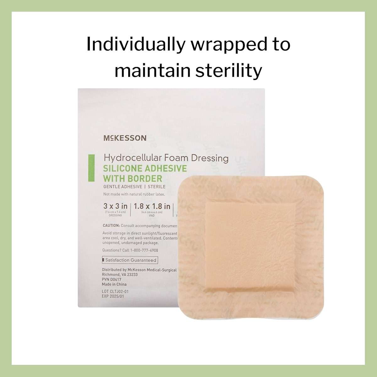 McKesson Hydrocellular Foam Dressings, Sterile, Silicone Adhesive with Border, Dimension 3 in x 3 in, Pad 1 4/5 in x 1 4/5 in, 10 Count, 1 Pack - Image 3