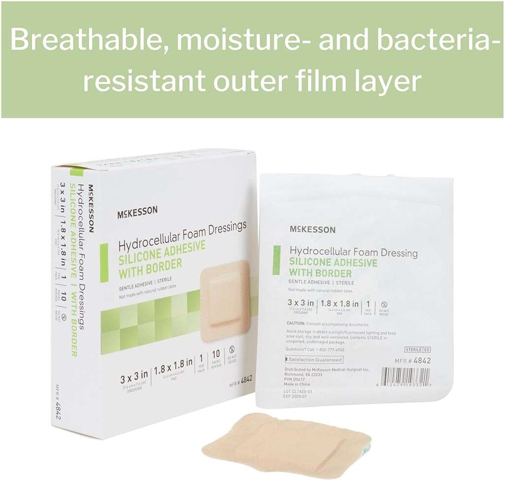 McKesson Hydrocellular Foam Dressings, Sterile, Silicone Adhesive with Border, Dimension 3 in x 3 in, Pad 1 4/5 in x 1 4/5 in, 10 Count, 1 Pack - Image 5