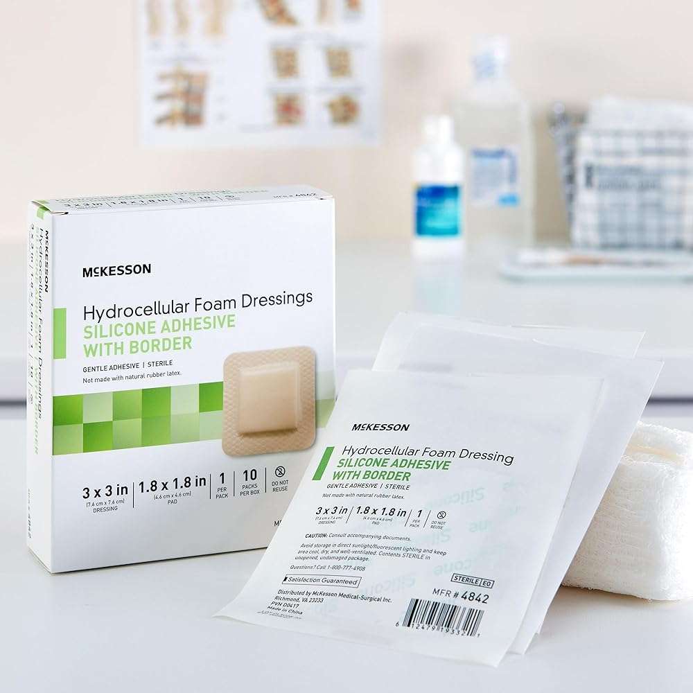 McKesson Hydrocellular Foam Dressings, Sterile, Silicone Adhesive with Border, Dimension 3 in x 3 in, Pad 1 4/5 in x 1 4/5 in, 10 Count, 1 Pack - Image 7