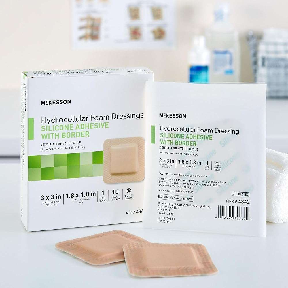 McKesson Hydrocellular Foam Dressings, Sterile, Silicone Adhesive with Border, Dimension 3 in x 3 in, Pad 1 4/5 in x 1 4/5 in, 10 Count, 1 Pack - Image 8
