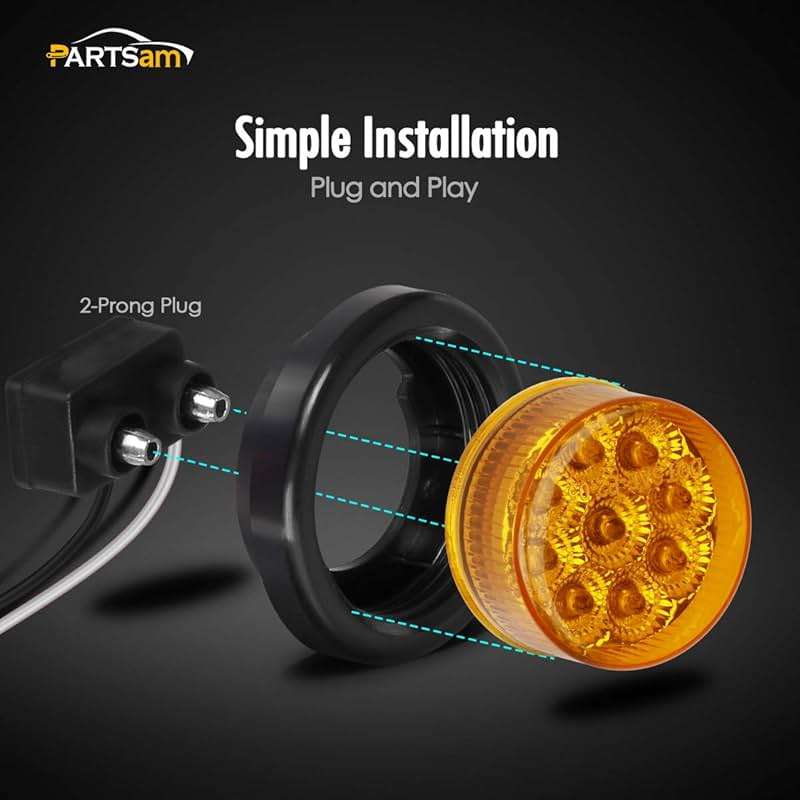 Partsam 2Pcs 2 Inch Round Truck Trailer Led Side Marker Clearance Light Amber 9 Diodes with Reflectors Sealed Waterproof 12V 2 Inch Round LED Side Fender Panel Lights with Grommets and Wire Pigtail - Image 4