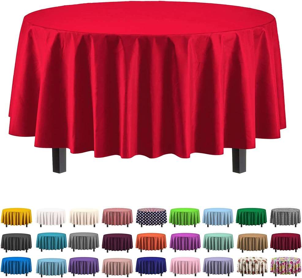 Exquisite 12 Pack Red Round Plastic Tablecloth Disposable 84 Inch, Waterproof Heavy Duty Opaque Table Cover for Party, Wedding, Picnic, Birthday, Banquet, Graduation, Fits 6 Ft Round Tables, Red - Image 1