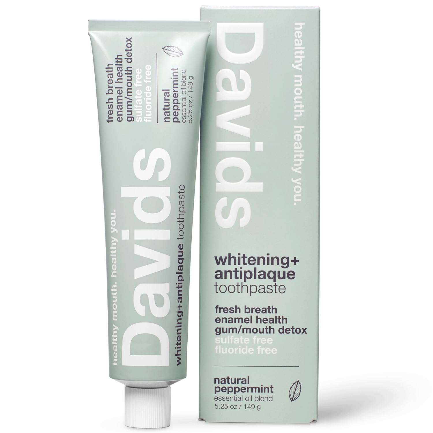Davids Fluoride Free Toothpaste, Teeth Whitening, Antiplaque, SLS (Sulfate) Free, Promotes Enamel Health, Mouth & Gum Detox, EWG Verified, Peppermint, 5.25oz - Image 1