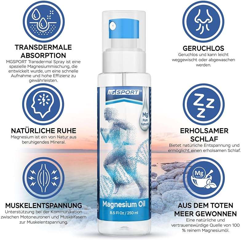 MgSport Magnesium Oil Spray 8.5 fl oz (250ml) — Dead Sea Magnesium Chloride for Muscle Recovery, Leg Cramps & Sleep Support | 1,400 Sprays | Odorless, Fast-Absorbing - Image 2