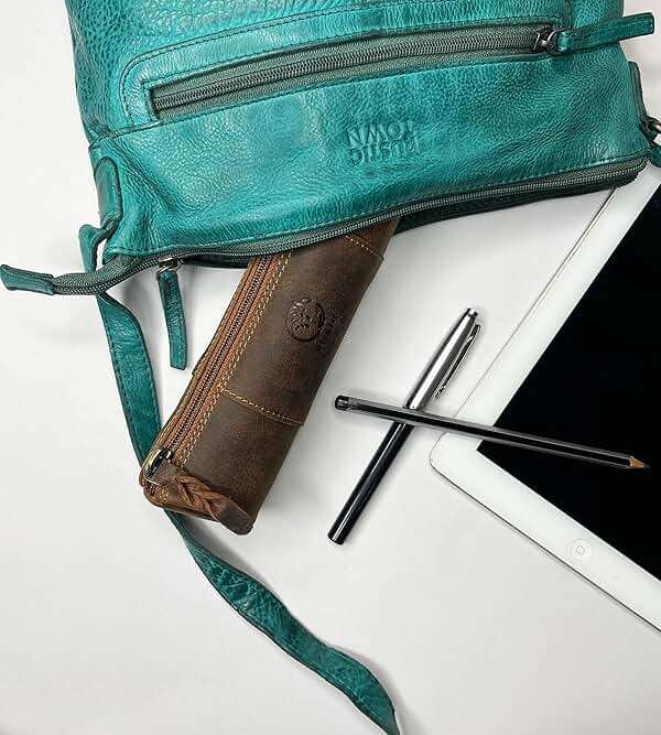 Rustic Town Leather Pencil Case - Full Grain Leather Zippered Pen Pouch - Stationery Bag Pen Holder for Work & Office - Image 2