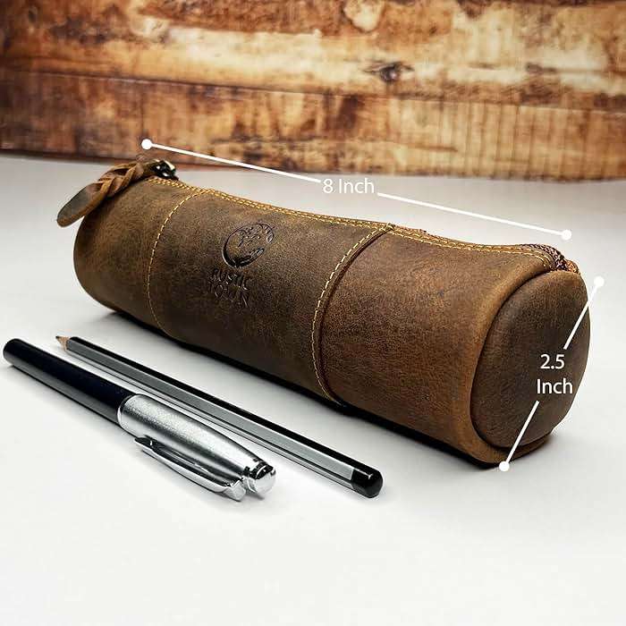 Rustic Town Leather Pencil Case - Full Grain Leather Zippered Pen Pouch - Stationery Bag Pen Holder for Work & Office - Image 3