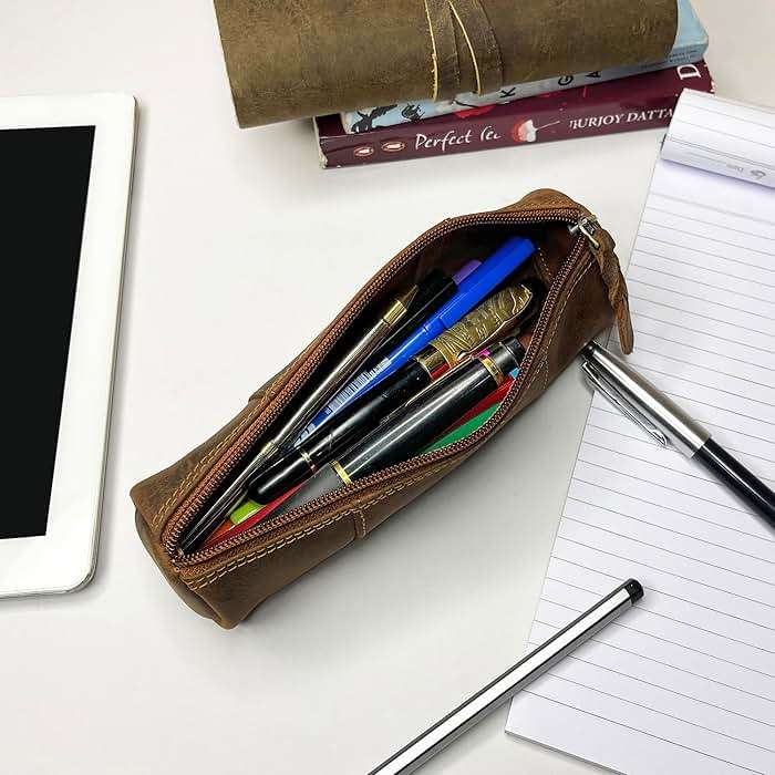 Rustic Town Leather Pencil Case - Full Grain Leather Zippered Pen Pouch - Stationery Bag Pen Holder for Work & Office - Image 4