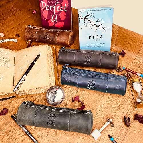 Rustic Town Leather Pencil Case - Full Grain Leather Zippered Pen Pouch - Stationery Bag Pen Holder for Work & Office - Image 6