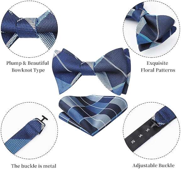 Bow Ties for Men Check Plaid Self Tie Bow Tie and Pocket Square Bowtie Formal Tuxedo Wedding Bowties Handkerchief Set - Image 6