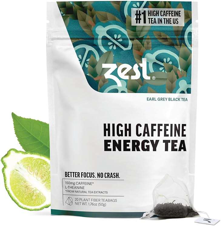 Zest High Caffeine Black Tea Bags – Earl Grey Energy Tea with Natural Bergamot – 150mg Caffeine per Cup – Focus & Morning Breakfast Tea for Energy – Caffeinated Coffee Substitute – 20Ct Pack - Image 1