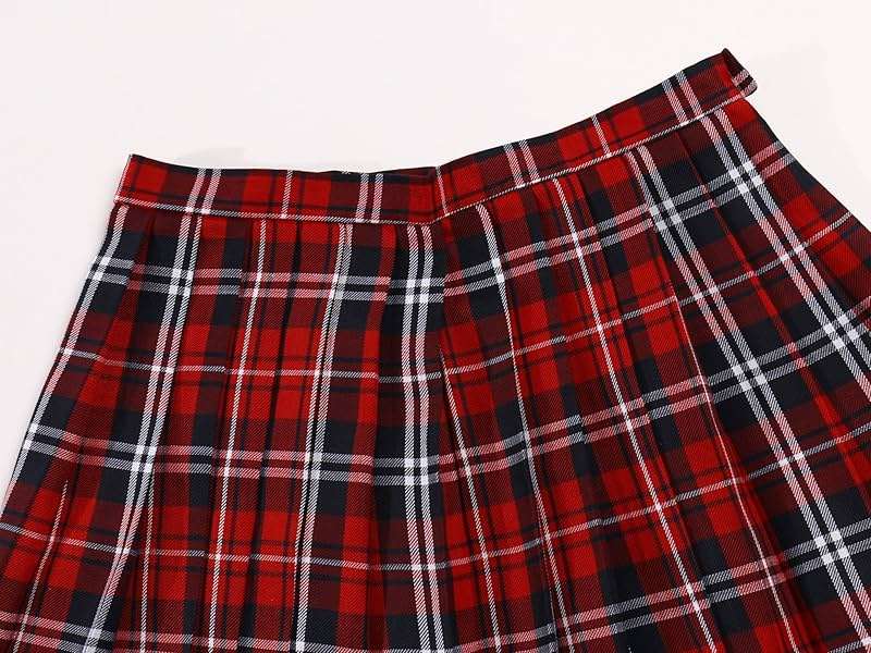 Women's School Uniform Flared Slim Plaid Pleated Skirts(XL,Red Blue) - Image 2
