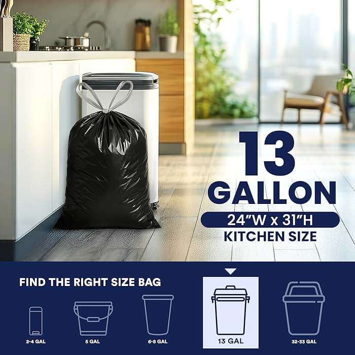 Plasticplace 13 gallon Extra Tall Drawstring Kitchen Trash Bags | Black 1.2 Mil, 24"W x 31"H (200Count) - Image 3