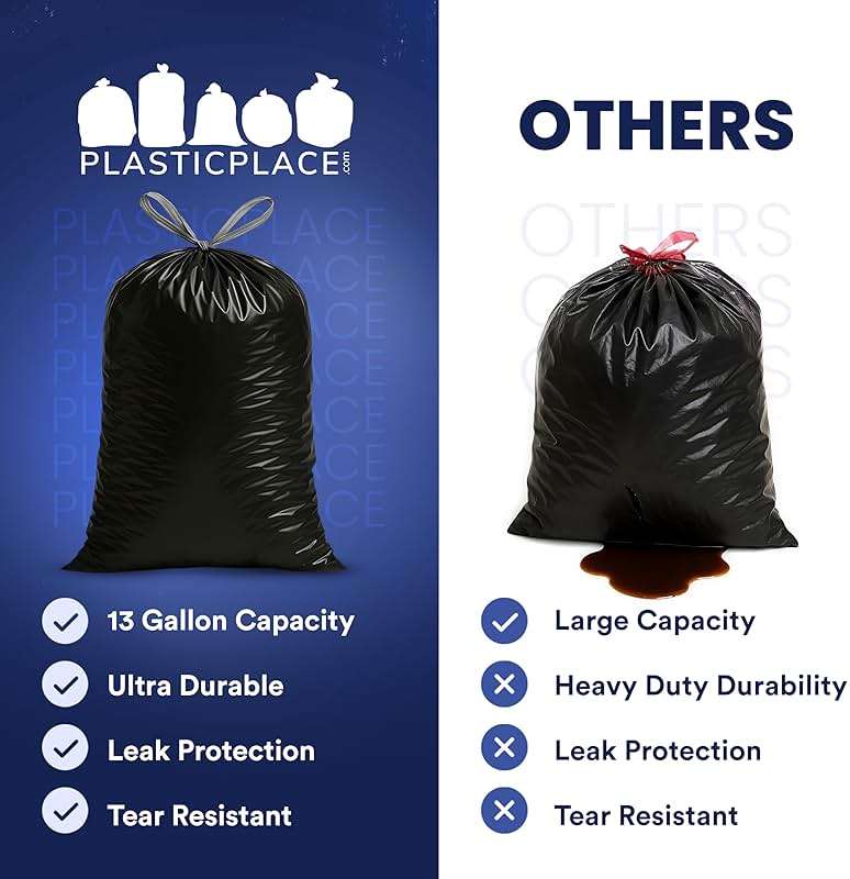 Plasticplace 13 gallon Extra Tall Drawstring Kitchen Trash Bags | Black 1.2 Mil, 24"W x 31"H (200Count) - Image 5