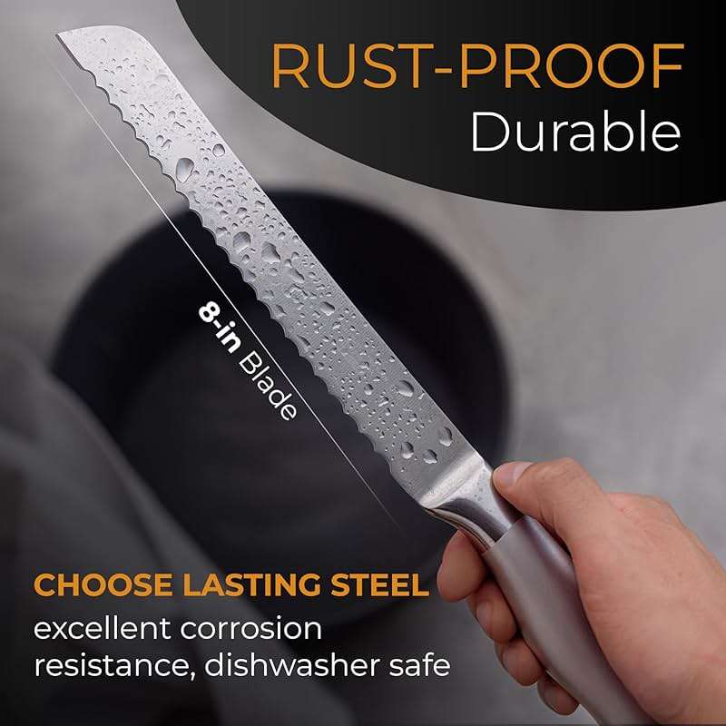 Orblue Serrated Bread Knife with Upgraded Stainless Steel Razor Sharp Wavy Edge - Bread Cutter Ideal for Slicing Homemade Bagels, Cake (8-Inch Blade with 5-Inch Handle) - Image 2
