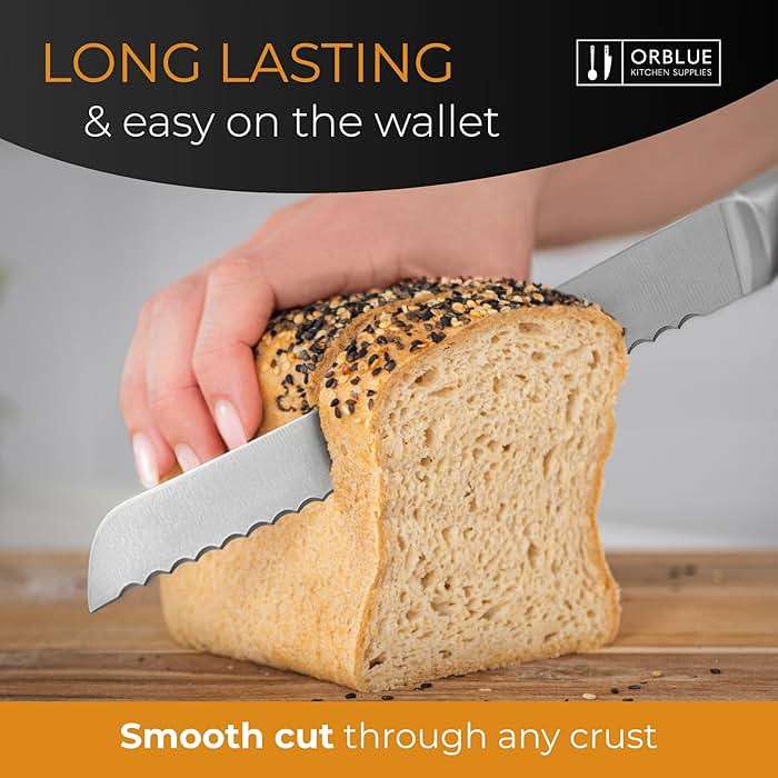 Orblue Serrated Bread Knife with Upgraded Stainless Steel Razor Sharp Wavy Edge - Bread Cutter Ideal for Slicing Homemade Bagels, Cake (8-Inch Blade with 5-Inch Handle) - Image 3