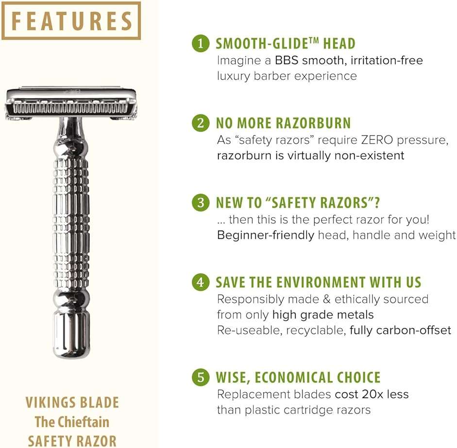 VIKINGS BLADE Double Edge Safety Razor for Men + 5 Swedish Steel Blades + Luxury Case. Smooth, Reusable, Eco-Friendly (The Chieftain) - Image 2