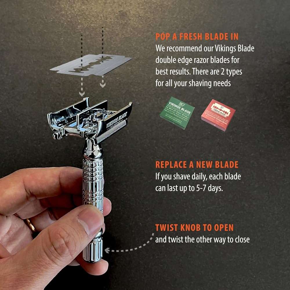 VIKINGS BLADE Double Edge Safety Razor for Men + 5 Swedish Steel Blades + Luxury Case. Smooth, Reusable, Eco-Friendly (The Chieftain) - Image 4