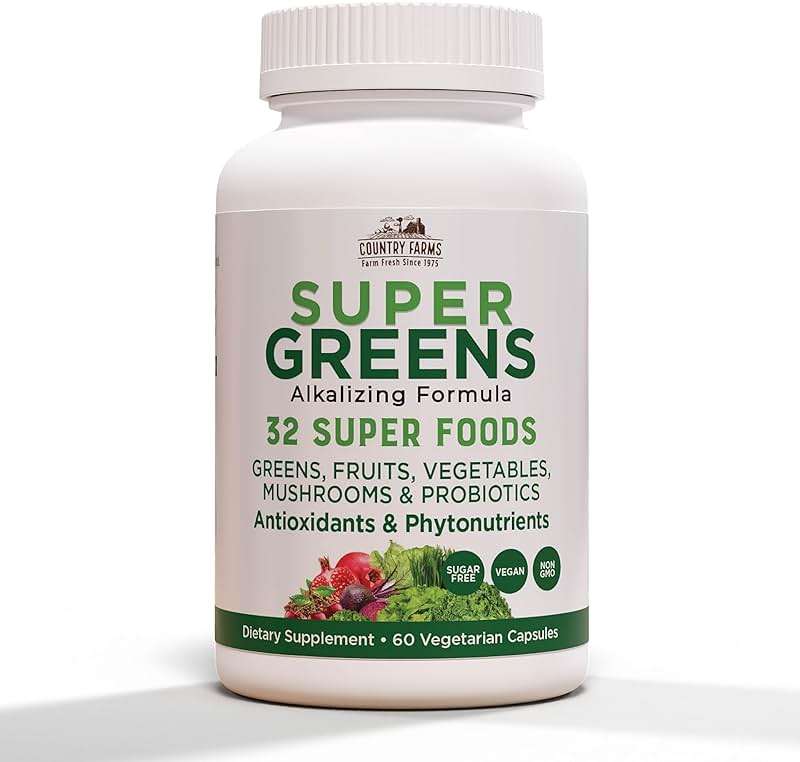 Country Farms Super Greens Vegicaps, 32 Super Foods, Whole Food Supplement, Greens, Fruit, Vegetables, Mushrooms & Probiotics, Rich in Antioxidants & Phytonutrients, 60 Count, 30 Servings - Image 1