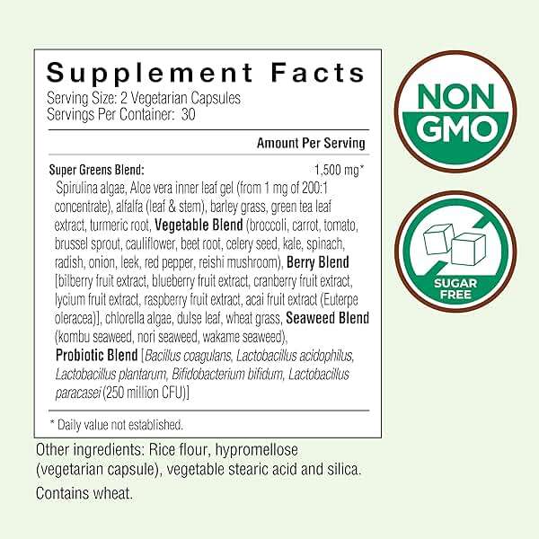 Country Farms Super Greens Vegicaps, 32 Super Foods, Whole Food Supplement, Greens, Fruit, Vegetables, Mushrooms & Probiotics, Rich in Antioxidants & Phytonutrients, 60 Count, 30 Servings - Image 2