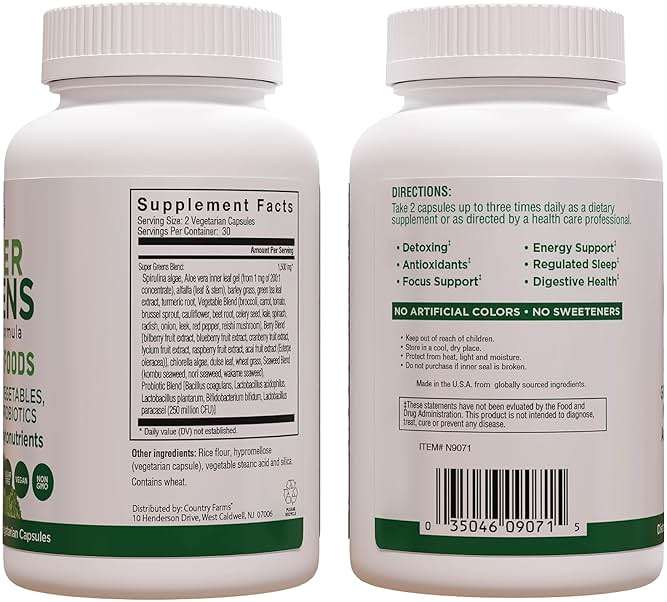 Country Farms Super Greens Vegicaps, 32 Super Foods, Whole Food Supplement, Greens, Fruit, Vegetables, Mushrooms & Probiotics, Rich in Antioxidants & Phytonutrients, 60 Count, 30 Servings - Image 7