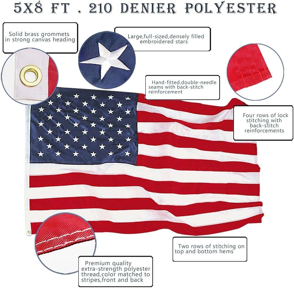 ANLEY EverStrong Series American US Flag 5x8 Foot Heavy Duty - Embroidered Stars and Sewn Stripes - 4 Rows of Lock Stitching - US National Banner Flags with Brass Grommets 5 X 8 Ft - Image 3