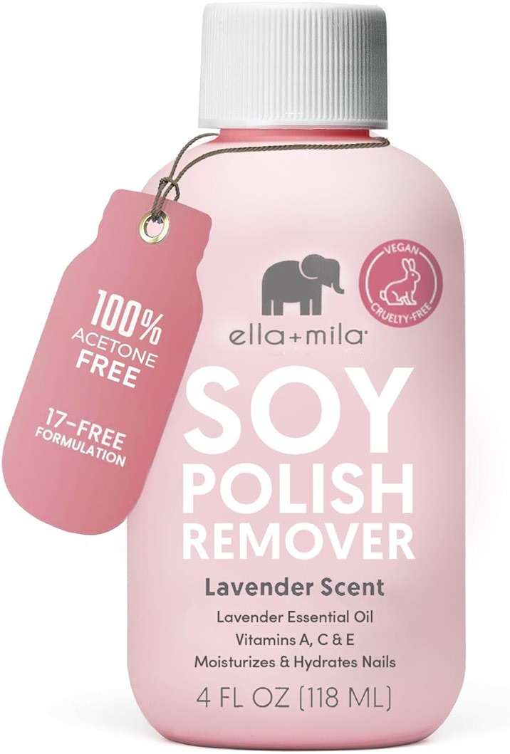 ella+mila Soy Nail Polish Remover - Non-Acetone, Non-Toxic Fingernail Polish Remover for Natural Nails - Gentle, Vegan Formula with Lavender Oil & Vitamins A, C & E (4 fl oz) - Image 1