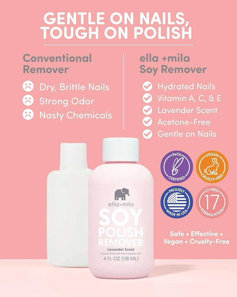 ella+mila Soy Nail Polish Remover - Non-Acetone, Non-Toxic Fingernail Polish Remover for Natural Nails - Gentle, Vegan Formula with Lavender Oil & Vitamins A, C & E (4 fl oz) - Image 2