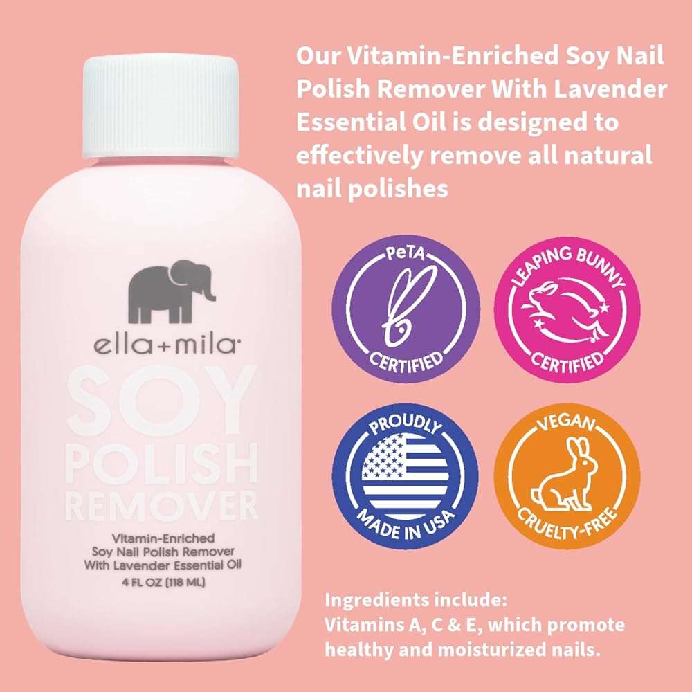 ella+mila Soy Nail Polish Remover - Non-Acetone, Non-Toxic Fingernail Polish Remover for Natural Nails - Gentle, Vegan Formula with Lavender Oil & Vitamins A, C & E (4 fl oz) - Image 4