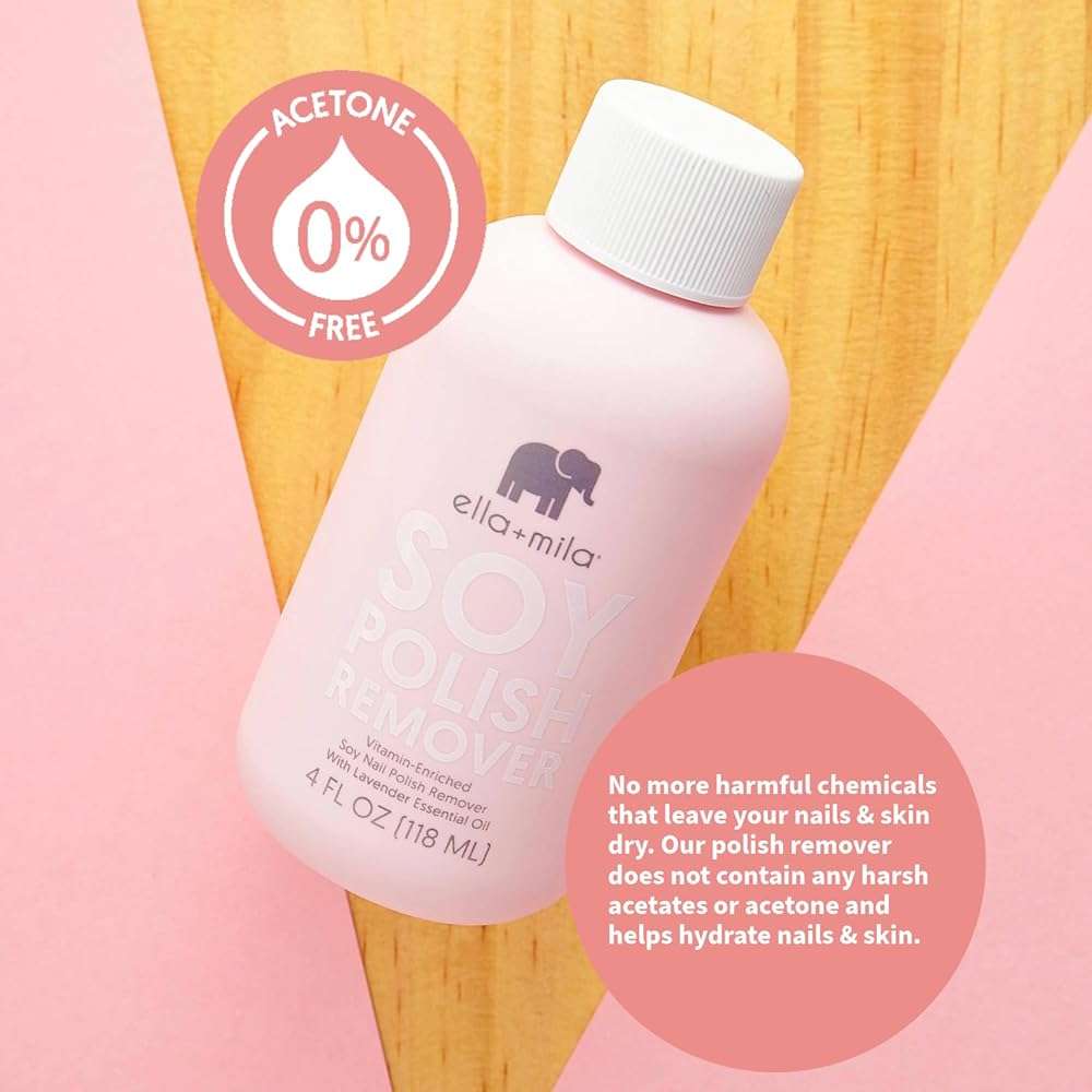 ella+mila Soy Nail Polish Remover - Non-Acetone, Non-Toxic Fingernail Polish Remover for Natural Nails - Gentle, Vegan Formula with Lavender Oil & Vitamins A, C & E (4 fl oz) - Image 7