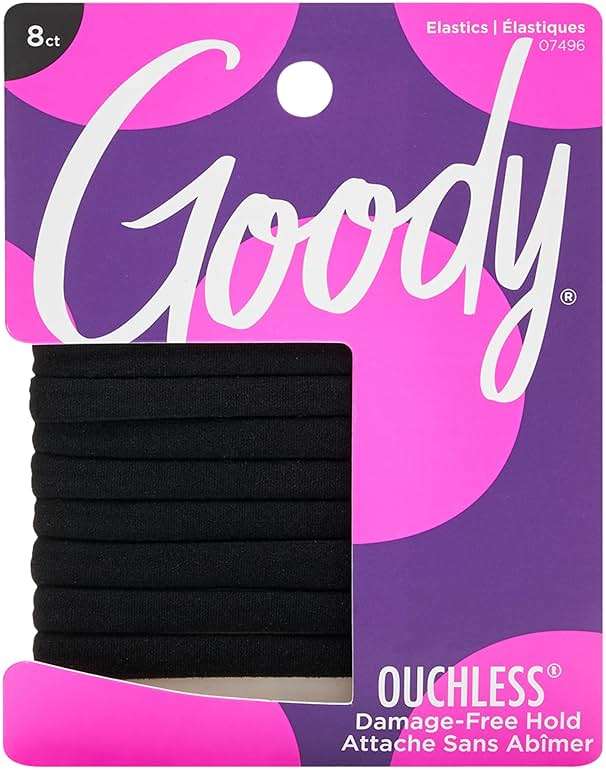 Goody Ouchless Seamless Hair Elastics, 8 Ct, Black, Damage-Free Gentle Hold Elastic Ties, No Snag or Pull, For All Occasions, Chic Styling Accessories for Women & Men, All Hair Types - Image 1