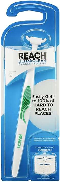 REACH Ultraclean Access Flosser Starter Kit, Unflavored, Plaque Remover for Teeth, for Hard to Reach Areas, Oral Care, PFAS Free, 1 Replaceable Flosser & 8 Refill Heads, 1 Pack - Image 1